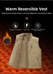 Detail view of khaki double-sided fleece vest with stand collar and zipper pockets