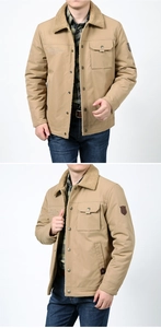 Detail of khaki men's jacket featuring lamb wool collar and durable metal buttons