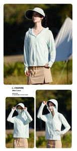 Detail of mint green sun protection jacket with hood, face mask and finger-hole cuffs