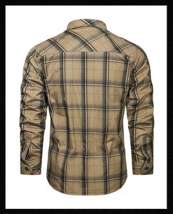 Detail view of khaki plaid cotton shirt showing back yoke stitching and sleeve cuffs