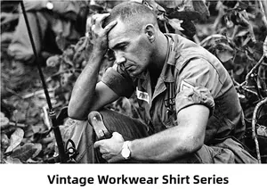 Detail of vintage military style short sleeve shirt with chest pockets and name patches