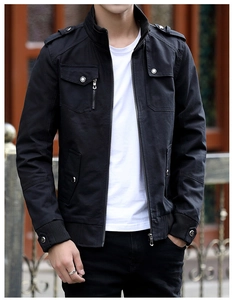 Detail of black military cargo jacket featuring stand collar with buckle and shoulder straps