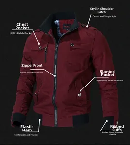 Détails de la veste en coton bordeaux avec épaulettes, poches et poignets côtelés