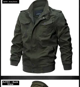 Detailed view of army green utility jacket showing functional pockets and rib-knit cuffs