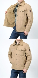 Detail of khaki men's fleece jacket showing warm sherpa lining and durable cotton fabric