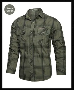 Detailed close-up of military green plaid shirt featuring double chest pockets and outdoor logo