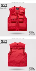 Front and back detail of a red tactical fishing vest with multiple pockets and breathable mesh