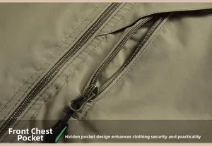 Detail of army green tactical vest featuring a secure hidden chest pocket with zipper