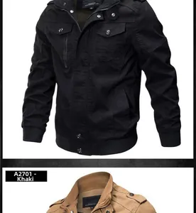 Detail view of N1 navy deck jackets in black and khaki with ribbed cuffs and cargo pockets