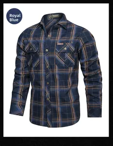 Detailed view of royal blue plaid cotton shirt with double chest pockets and classic collar