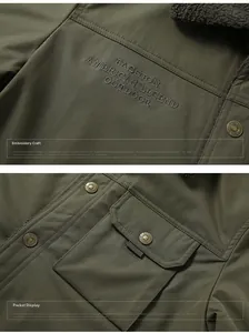 Detail of military green jacket featuring fleece collar and vintage outdoor embroidery