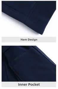 Detail view of smooth hem stitching and internal fleece pocket of the navy blue vest