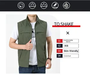 Detail view of military green fishing vest showing stand collar and functional zipper pockets