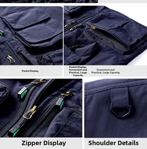 Detail of navy tactical vest featuring durable zipper pockets and D-ring attachment