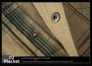 Close-up of khaki plaid shirt placket featuring vintage engraved metal snap buttons