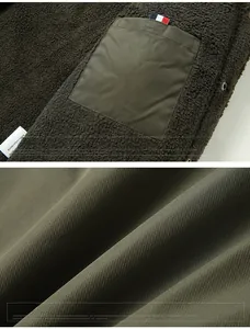 Detail view of olive jacket featuring fleece lining and inner pocket with tri-color tab