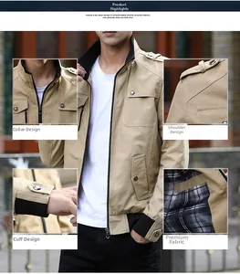 Detail view of khaki jacket with ribbed cuffs, metal hardware and plaid lining
