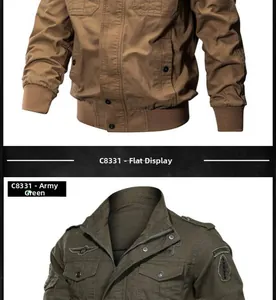 Detailed view of khaki and olive green N1 deck jacket with military badges and pockets