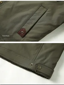 Detail of olive green jacket pockets and hem with fleece lining and metal buttons