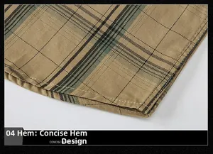 Macro shot of the hem of a cotton plaid shirt with neat stitching and khaki green check pattern