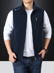 Men Polar Fleece Vest Stand Collar Warm Lightweight Gilet Zipper Multi-Pockets Outdoor Casual Sleeveless Jacket Winter