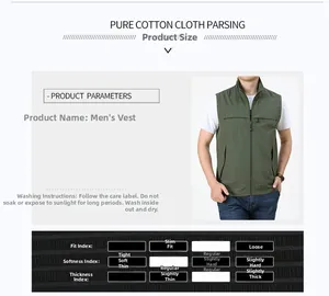 Detail view of military green fishing vest with zipper collar and utility pockets