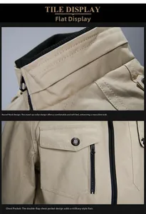 Détail d'une veste en coton kaki montrant le col montant et les poches poitrine militaires