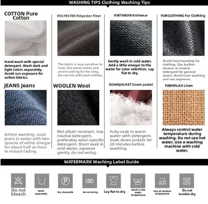 Care label guide for men's winter jacket showing fabric washing tips and laundry icons