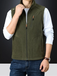 Men's outdoor fleece vest in dark army green featuring a stand collar and zipper pockets