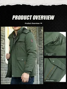 Detail of army green winter jacket with detachable hood and functional cargo pockets