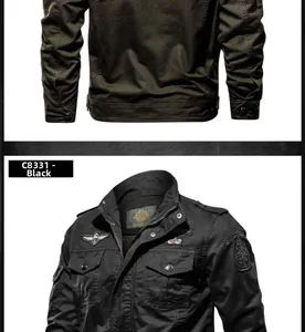 Close-up of military-style cotton canvas jackets with detailed embroidery and badges