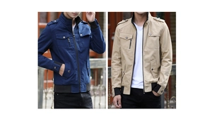 Detail view of khaki and navy fleece-lined military jackets with shoulder straps and chest pockets
