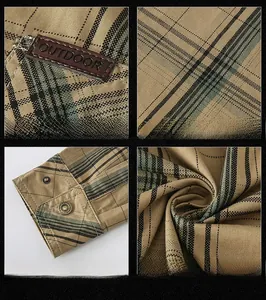 Close-up of men's plaid shirt details featuring leather logo patch and fashion buttons