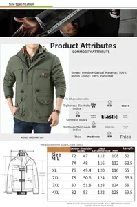 Detaillierte Größentabelle für die militärgrüne Outdoor Kapuzenjacke mit Maßen in cm