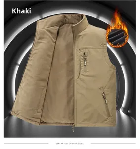 Detail view of khaki double-sided fleece vest with stand collar and zipper pockets