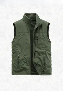 Detail of army green fleece vest with three zipper pockets and outdoor embroidery