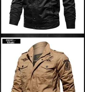 Detail view of khaki and black military jackets with Airborne embroidery and cargo pockets