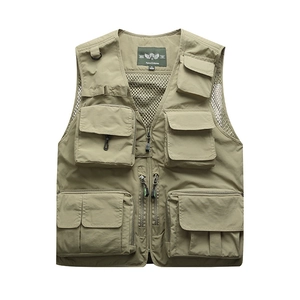 Men's multi-pocket tactical fishing vest in khaki green with breathable mesh back design