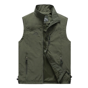 Men's green outdoor multi-pocket fishing vest with breathable mesh lining and stand collar