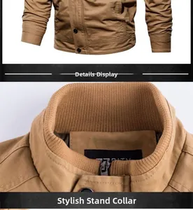Detail view of khaki N1 deck jacket showing stand-up collar and ribbed texture fabric