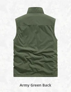 Back view of army green outdoor fleece vest with a stand-up collar and windproof fabric
