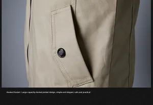 Gros plan des poches biais avec boutons-pression métalliques sur une veste coton kaki