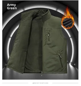 Detail of reversible green fleece vest with chest zipper pocket and stand collar