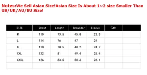 Size chart for men's denim short sleeve shirt featuring Asian sizes from M to XXXL in cm
