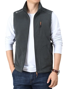 Men's dark grey fleece vest with standing collar and vertical chest zipper pocket