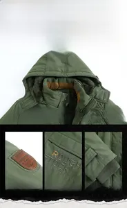 Detailed views of army green winter parka with thick faux fur lining and outdoor embroidery