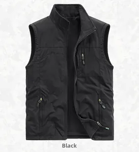 Detail of black fleece vest with functional vertical chest zipper and outdoor logo