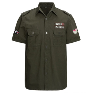 Chemise Militaire Cargo en Coton pour Hommes Manches Courtes Décontractée Coupe Standard Chemise de Travail Boutonnée avec Épaulettes