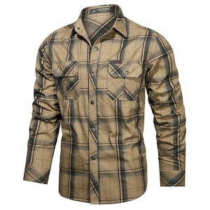 Men's Long Sleeve Plaid Shirt Pure Cotton Outdoor Workwear Style Casual Button Down Top With Double Pockets For Men Youth