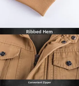 Detail of khaki military deck jacket featuring ribbed hem and convenient zipper design